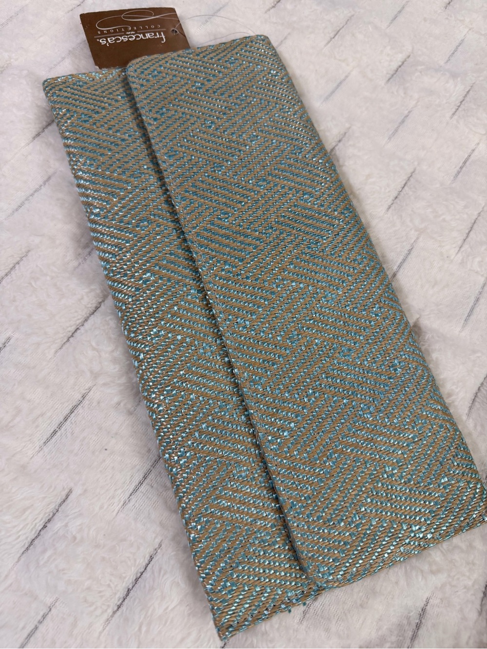 NWT Francesca’s Woven Metallic Turquoise & Tan Clutch